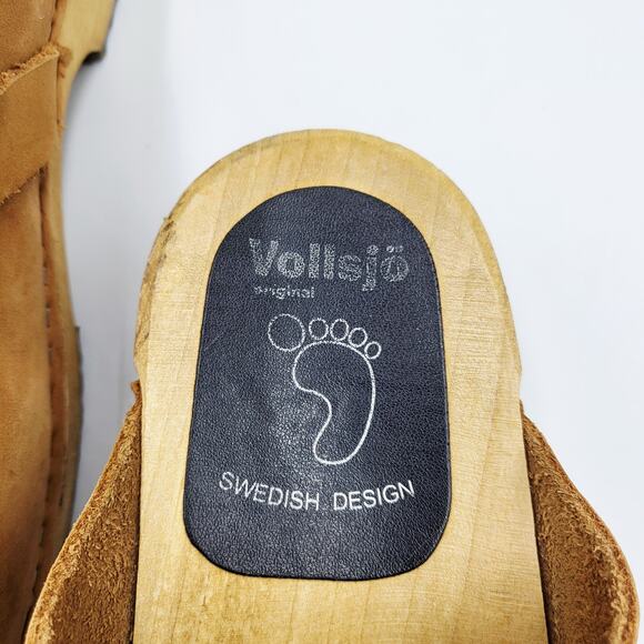 Vollsjo Original Tan Genuine Leather Wooden Clogs Swedish Design Handmade Sz 40 - Picture 7 of 9